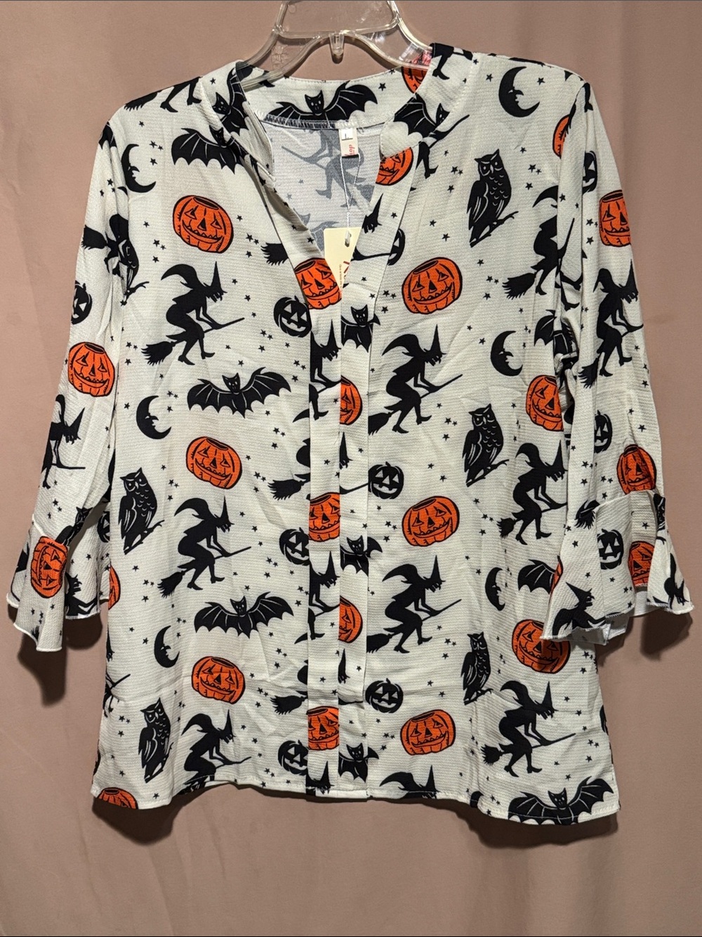 Halloween Shirt - off White with Orange & Black Pumpkin and Witch Print